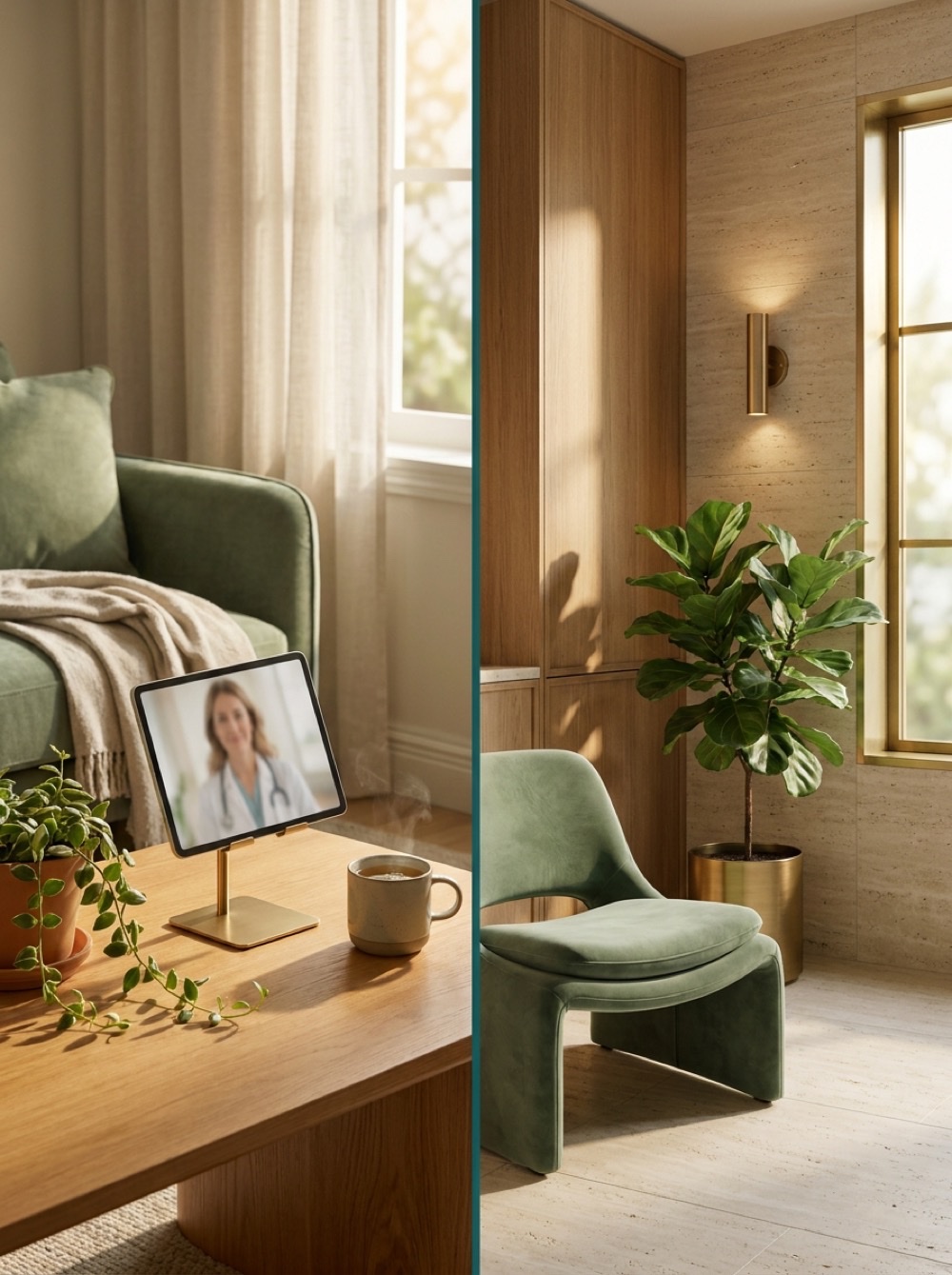 Two ways to get care with Copergrine — a home telehealth video visit on one side and a boutique in-clinic room on the other, same warm sage-and-teal palette
