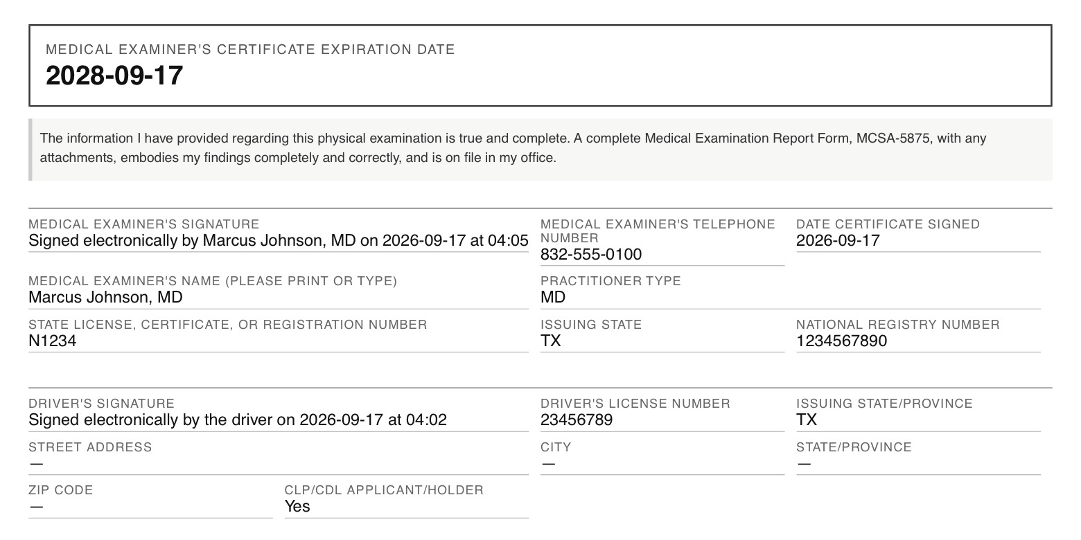 The signature block of a Medical Examiner's Certificate, form MCSA-5876, issued for a commercial driver by a certified medical examiner — expiration date, examiner name, licence and National Registry number, and the driver's electronic signature