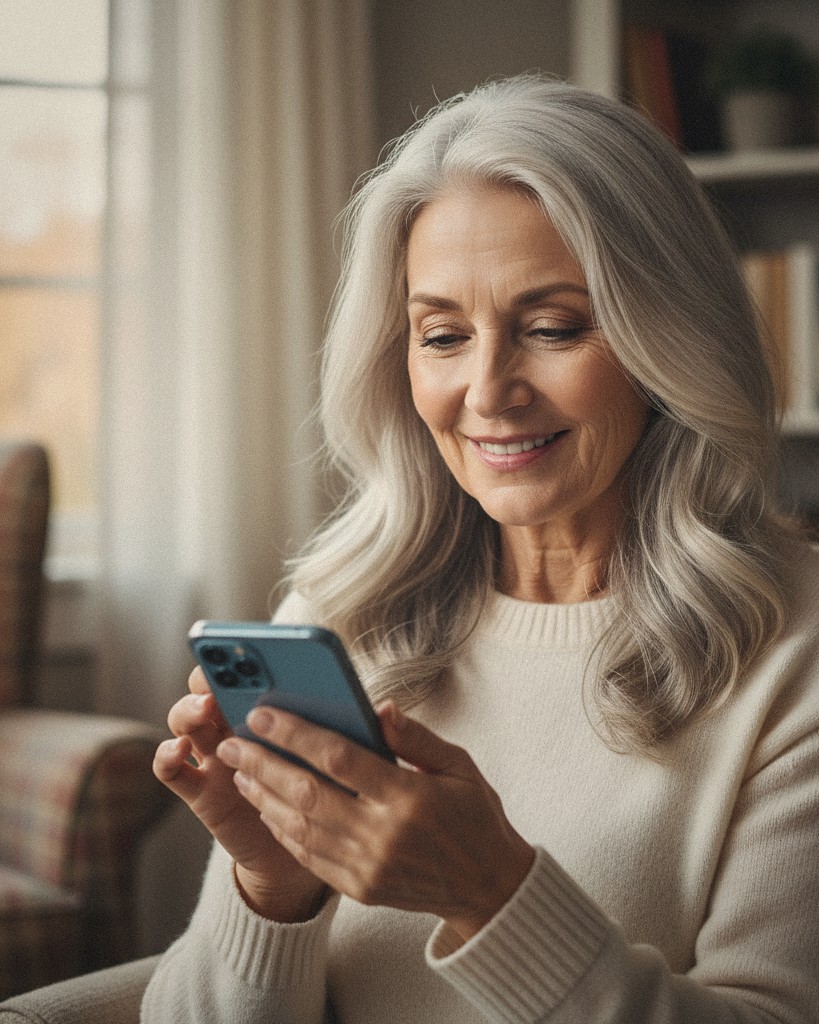 Older woman smiling while on a telehealth visit from her kitchen