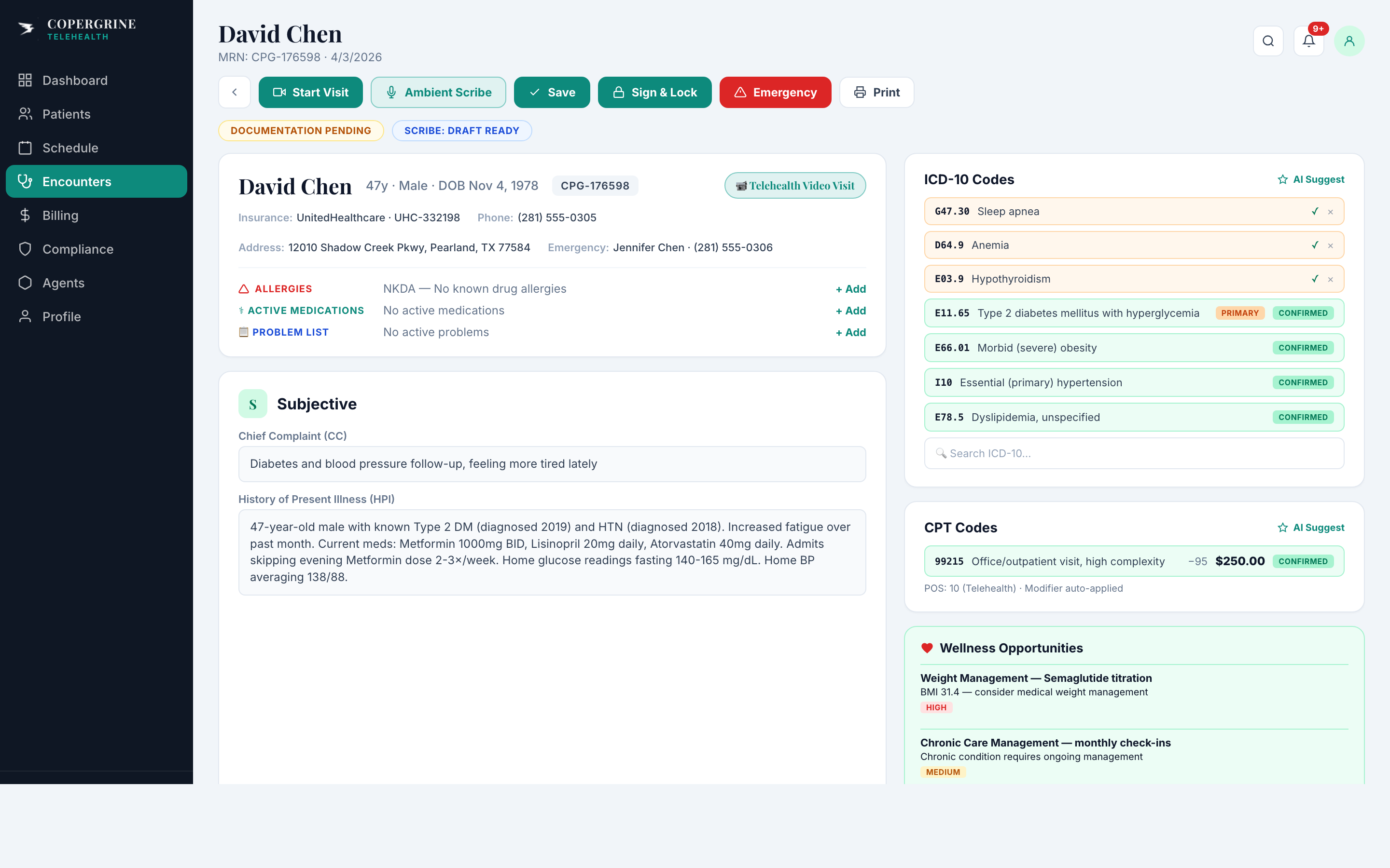 Encounter detail with ambient scribe draft, ICD-10 suggestions, and e-prescribing panel