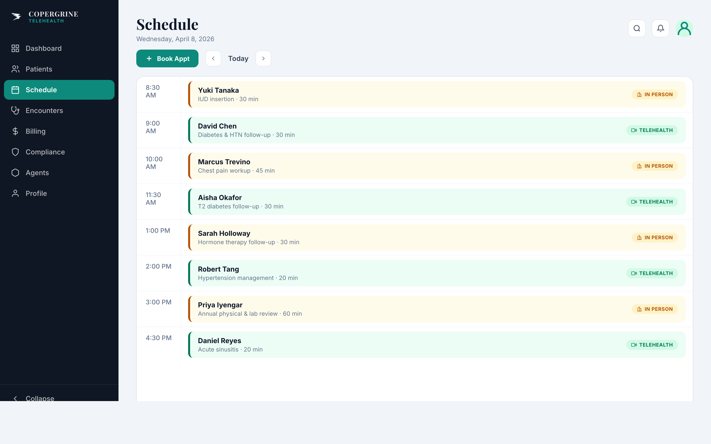 Copergrine scheduling interface showing available time slots across providers